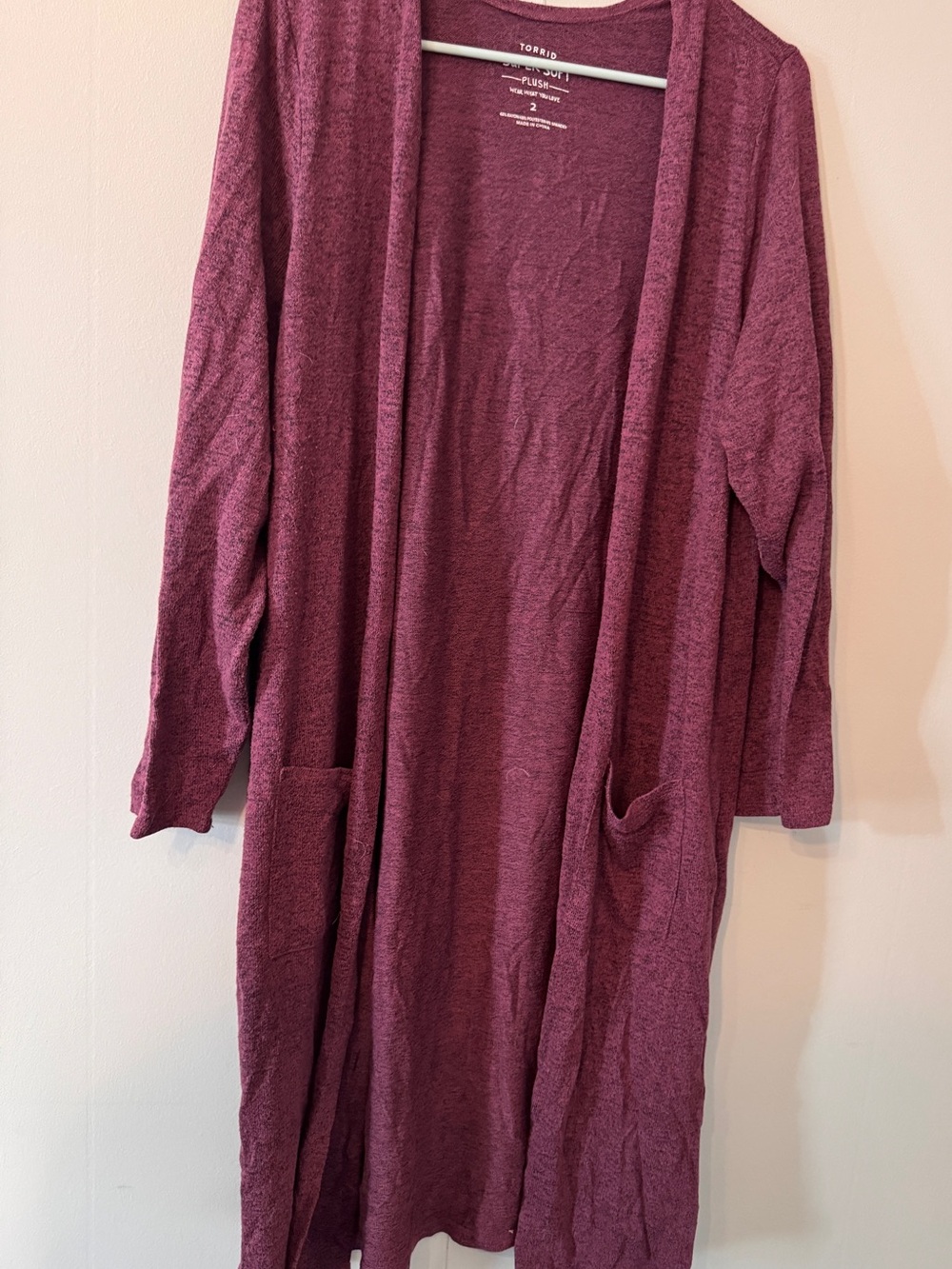 torrid burgundy open-front long cardigan with pockets, size 2